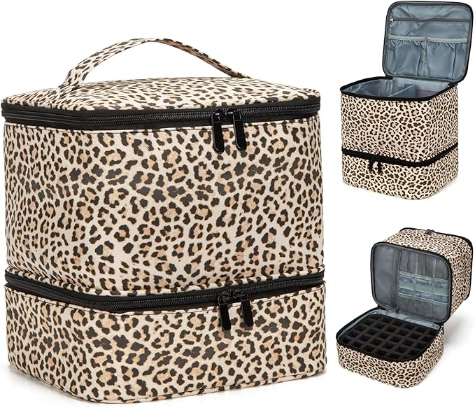 Nail Polish Organizer Aesthetic Nail Organizers and Storage, Bow Nail Supplies Kit Organizer Travel Carrying Case for Manicure Tools (Leopard A, 2 Layer)