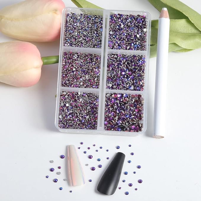 Beadsland 7200pcs Flatback Rhinestones,Purple Rhinestone Nail Gems Round Crystal Rhinestones for Crafts,Mixed 6 Sizes with Wax Pencil Kit, SS3-SS10, Purple Velvet