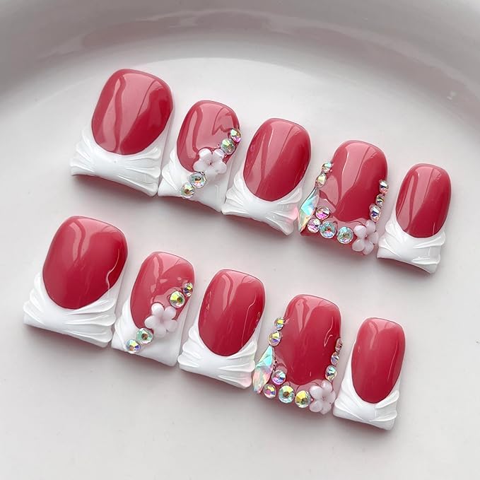 French Tip Press on Nails Handmade Short Duck 3D Flower Thick Acrylic Nails White False Nails with Floral Rhinestones Designs Elegant Glossy Fake Nail Sturdy Wedding Art Press on Nail 10Pcs(M)