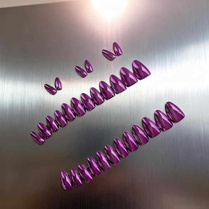 Chrome Press on Nails Short Almond, Metallic Purple Fake Nails with a Sparkle Mirror Finish, Glitter Glue on Nails for Women Birthday Party, Thick Quality Soft Gel Nail Press ons 30 Pcs