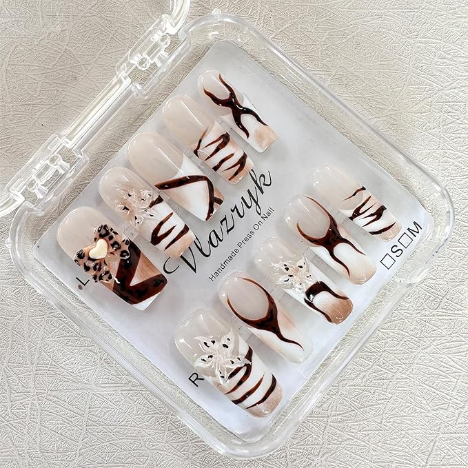 Handmade Press on Nails with Charms - Long Square French False Nails, Stars, Leopard, 3D Flower Embossed Designs for Women & Girls, Nail Kit