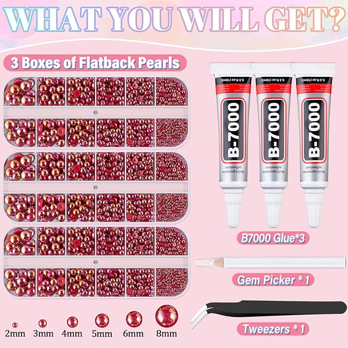 Flatback Pearls for Crafting with 3Pcs 10ml B7000 Jewelry Glue, 3 Boxes of Half Round Red AB Pearls, Bedazzling Beads for DIY Crafts Clothing Tumblers Shoes Embellishment Nail Art