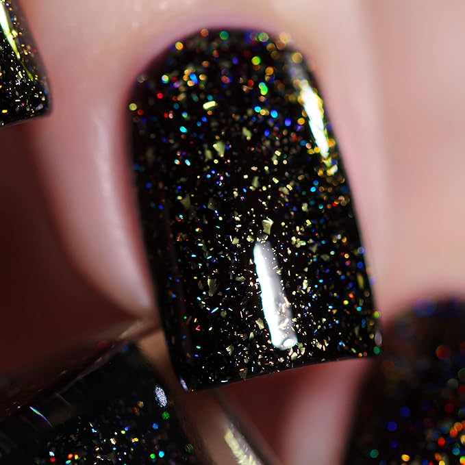 ILNP Silhouette - Rich Black Gold Flake Holographic Nail Polish