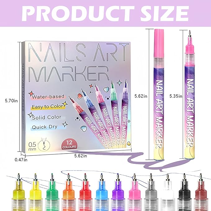 Nail Art Markers for Gel Nails,12 Colors Nail Art Pens Set DIY Nail Art Marker Drawing Painting 3D Nail Polish Pens, Quick Dry Graffiti Dotting Point Liner Pens for DIY Nail Art (24 Pcs)