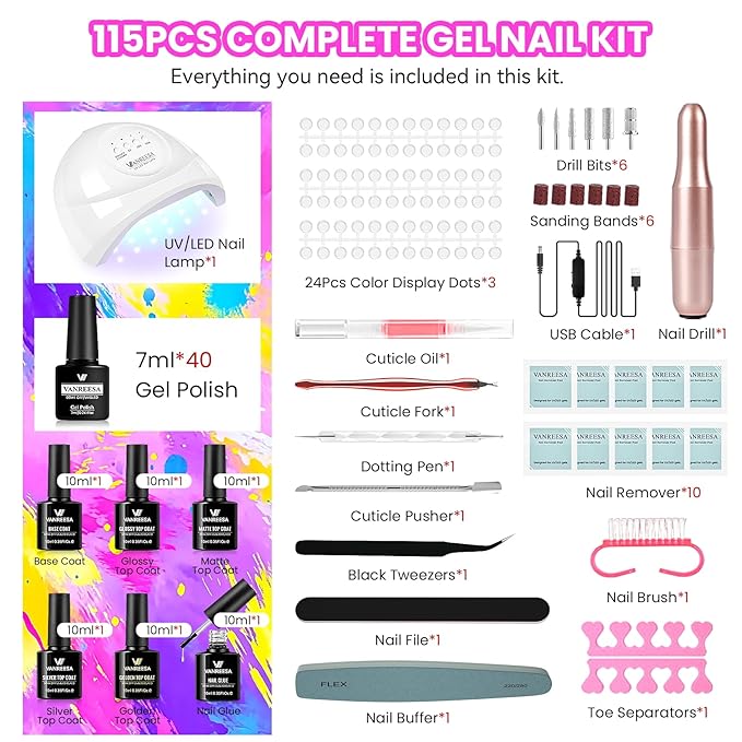 VANREESA 115Pcs Gel Nail Polish Kit with U V Light Nail Drill Almond Nail Tips -40 All Seasons Colors Gel Polish Set with 5Pcs Base Top Coat Gel Nail Kit for Beginners with Everything Gifts for Women