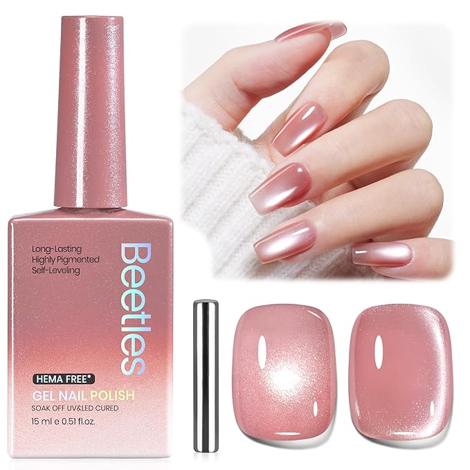 Beetles Velvet Bloom Pink Cat Eye Gel Nail Polish - 15ML Valentines Gel Polish Glitter Pink Cat Eye Gel Polish Rosa Color Magnetic Translucent Glassy Effect Soak Off UV DIY Manicure Gift for Wome