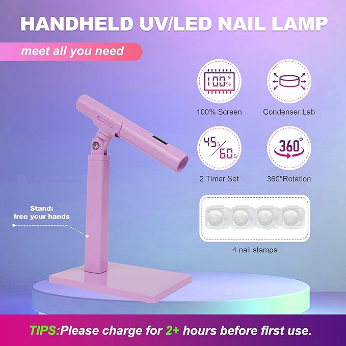 Mini UV Light for Nails，Handheld LED Flash Cure Lamp for Gel X Polish, Portable Uv Pen Light for Single Finger,Nail Curing Lamp with Stand for Starter Salon DIY or Home Manicure (White) (PURPLE, Mini)