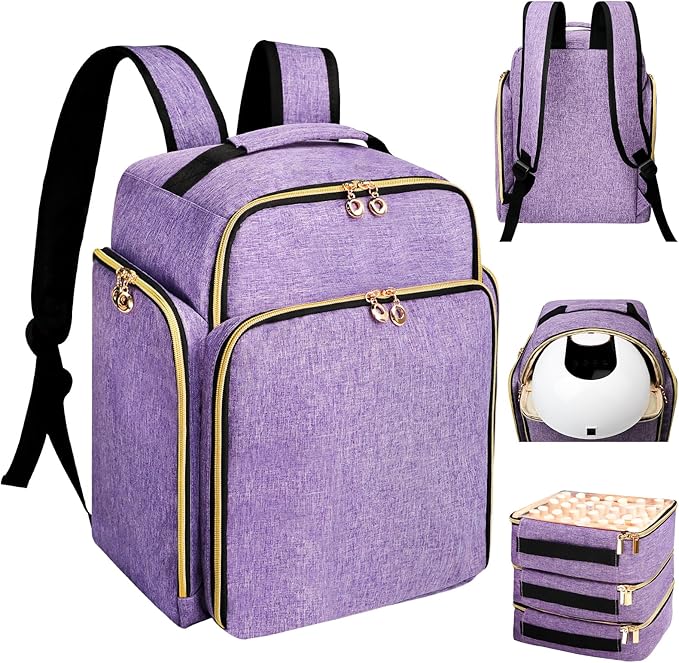 Nail Polish Organizer Backpack Holds 126 Bottles& Nail Lamp, Extra Large Nail Kit Supplies Organizer Bag with 3 Removable Cases, Portable Nail Organizers and Storage for Travel (Noble Purple)
