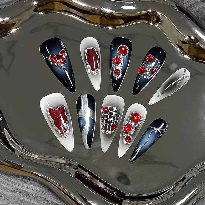 Halloween Vampire Nails,Gothic Press On Nails Long Stiletto With Tools,Black Dark Ombre Fake Nails with Red Gems,10Pcs Hand-Painted Glossy Acrylic Glue on Nails for Women Parties Events(XS)
