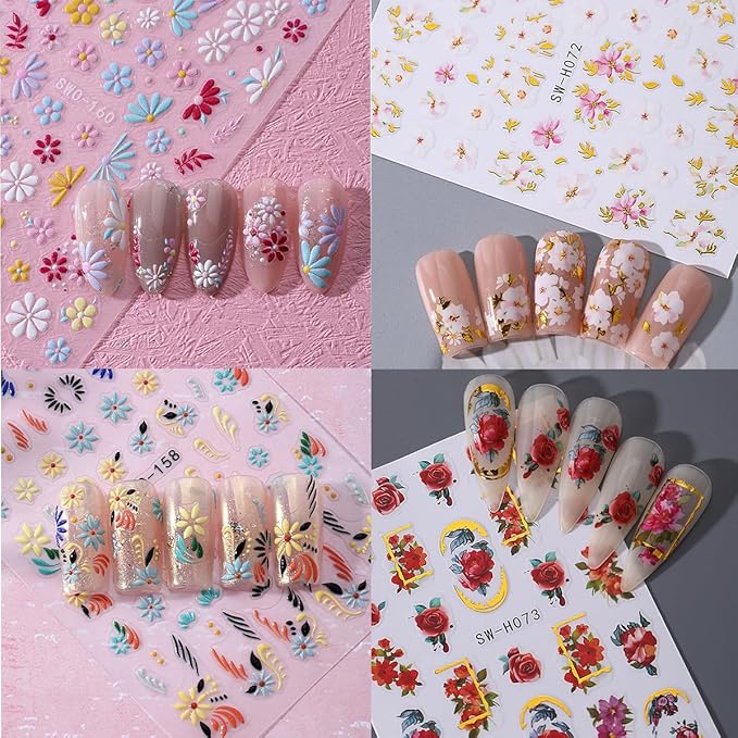 Flower Nail Stickers 6 Sheets - 5D Embossed Floral Designs with Gold Foil Accents, Self-Adhesive Nail Art Decals for Women, Spring & Everyday DIY