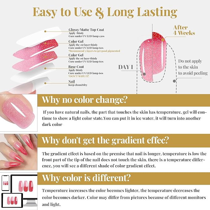 YTD Likomey Color Changing Gel Nail Polish,15ml Reflective Glitter Pink to Red Mood Temperature Change Colors Thermal Ombre Fall Winter Flash Sparkle UV Nail Varnish,HEMA Free TPO Free,WB508