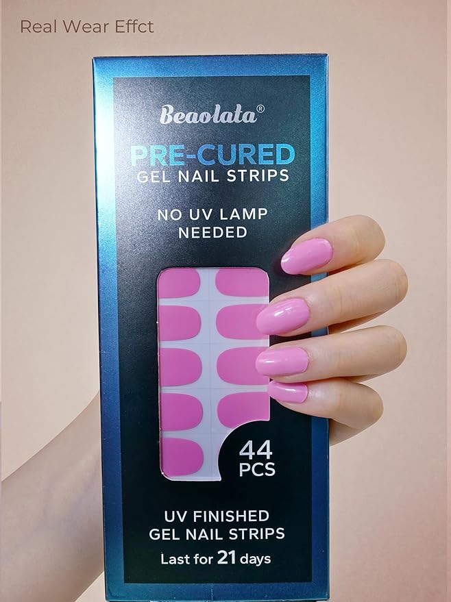 Real Gel Nail Strips (No UV Light Needed) - 44Pcs Salon Quality Nail Stickers - Long Lasting Polish Wraps for Women, Easy Apply & Remove (Mermaid Pink)