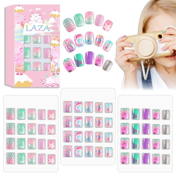 Laza 60pcs Children Nails Press On Pre-glue Full Cover Glitter Gradient Color Rainbow Sparkling Star Unicorn Shell Short False Nail Kits for Kids Teenager Girls - Mermaid Butterfly