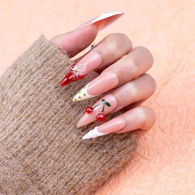 10 Pieces Handmade Long Almond Press On Nails, White Thickened French False Nails, 3D Flowers And Cherries, Reusable Fake Nails Almond, Reusable Acrylic Nails (S)