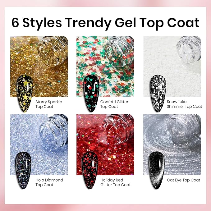 Beetles Gel Top Coat Set, 6Pcs 10ml Sparkle Glitter Cat Eye Top Coat Gel Nail Polish No Wipe Long Lasting Soak Off U V LED Manicure Salon DIY Gifts for Women