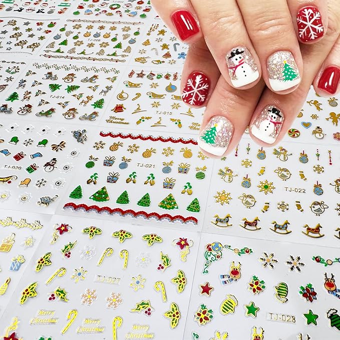 90 Sheets Christmas Nail Stickers 3D Self Adhesive Winter Xmas Nail Decals Santa Claus Christmas Tree Snowflake Nail Art Stickers Decals Cute Christmas Nail Art Supplies for Women Manicure Decorations