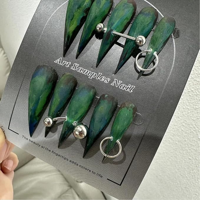 Stiletto Press on Nails Extra Long with Glue Glossy False Nails with Green hand-Painted Designs Handmade Eagle Dragon Cat Claw Unique Reusable Fake Nails
