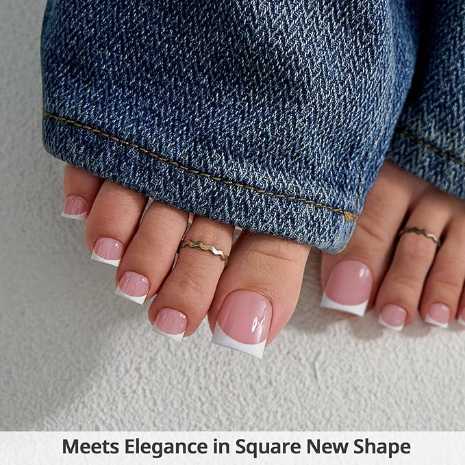 BTArtbox Press On Toenails - Lamp-Curable Sharp Square Toe Nail Press Ons with Glue for Women, Semi-Transparent French Tip Fake Toe Nail Tips in 15 Sizes - 30 Toenails Kit, Ma'am