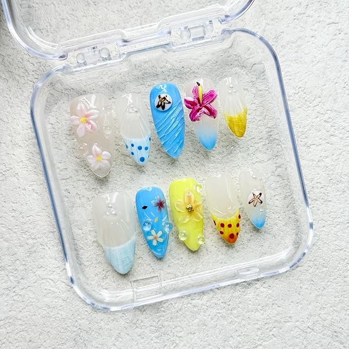 Handmade Press on Nails Medium Almond Flower Fake Nails with Glue,Muti-Layer Gel False Nails with 3D Flower Embossed Design Glitter Thick Press ons Nail Pearl Acrylic Nails for Women (Size S)