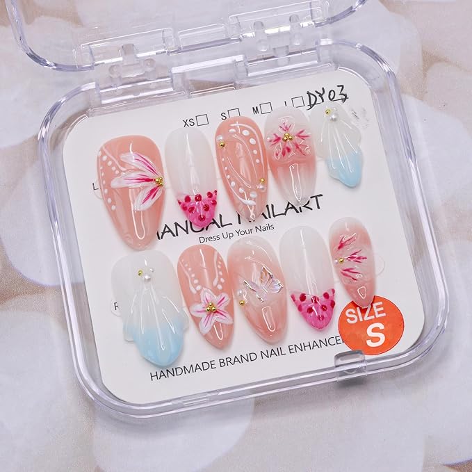 Flower Press on Nails - Medium Almond French Tip Fake Nails Handmade Press on Nails 3D Flower Butterfly False Nails with Water Ripple Design Muti-Layer Gel Artificial Acrylic Nails for Women (Size S)