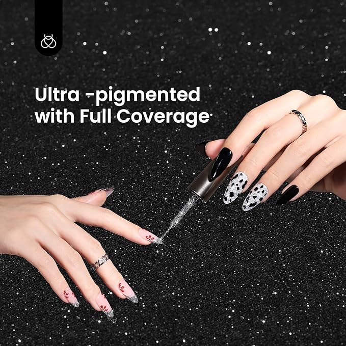 Beetles Reflective Glitter Gel Polish, 2 Pcs Liner Gel Nail Polish Set Black Silver Nail Art Glitter Soak off Uv Lamp Manicure Diamond Shinning Liner Nails Art Design Gifts for Women