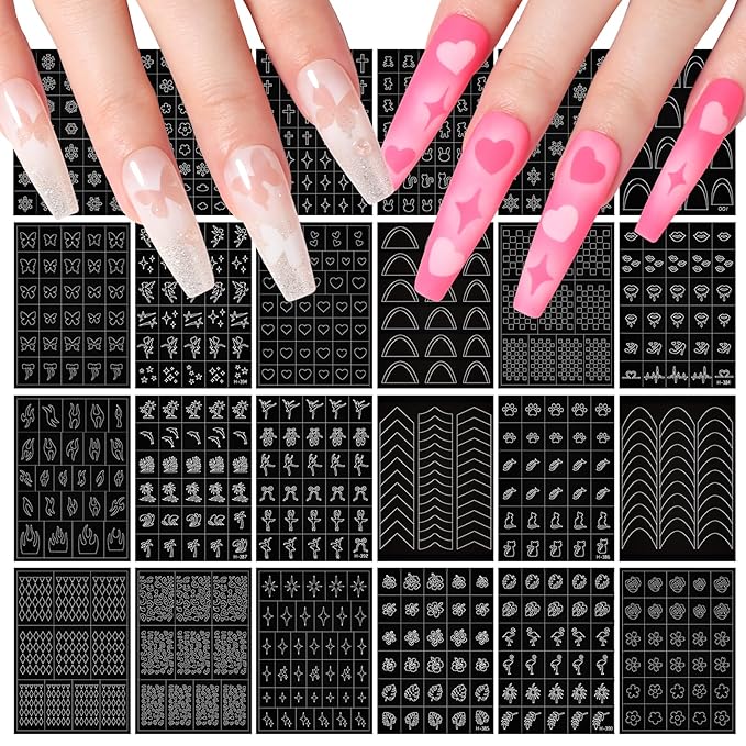 SAVILAND 24 Sheets Airbrush Stencils: Nail Stickers for Nail Art French Tip Hollow Airbrush Nails Stencils Flower Stars Butterfly Air Brush for Nails Supplies DIY Tool (170 Designs)
