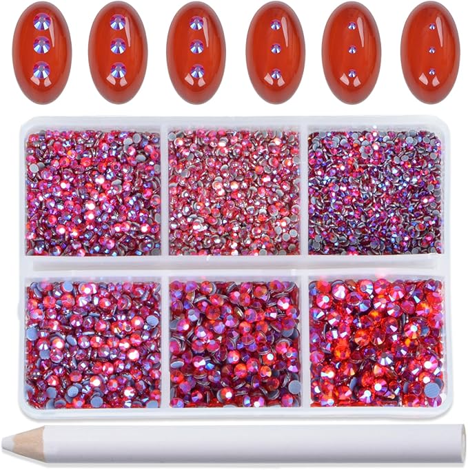 Bymitel Hotfix Crystal Rhinestones Round Gems for Crafts,Mixed 6 Sizes with Wax Pencil Kit, Siam AB1.3-3.2mm(SS3-SS12/8000pcs)