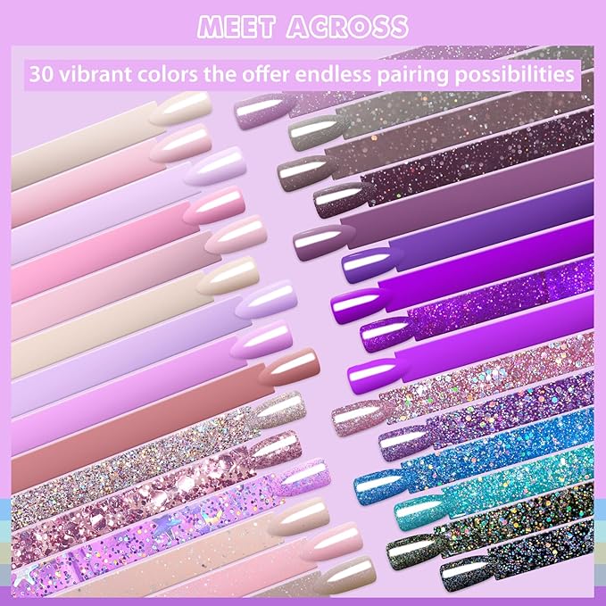 MEET ACROSS 30 Colors Pink Purple Gel Nail Polish Set, Nude Light Pink Purple Shimmer Glitter Brown Gel Polish Kit Soak off Uv Nail Art Gifts for Women