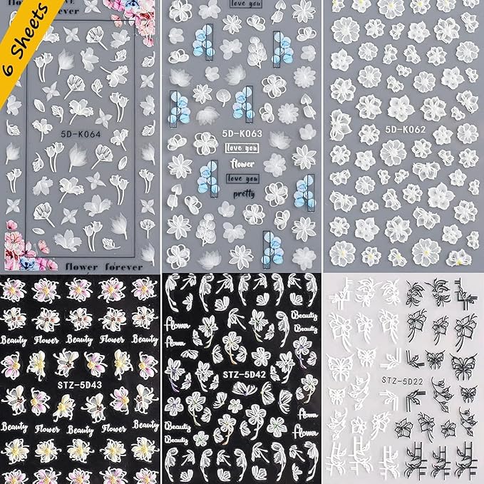 6 Sheets White Flower Nail Art Stickers Decals 5D Embossed Nail Decals Spring Winter Nails Art Self-Adhesive Supplies Accessories 3D Flower Stickers for Women Nails Design Decoration