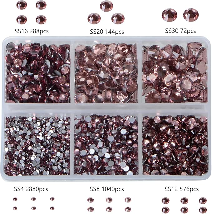 Bymitel 5000 Pieces 6 Mixed Sizes Glue Fix on Glass Rhinestones Round Crystal Gems Flatback for DIY Jewelry Making with one Picking Pen(6-Sizes 5000PCS, Lt. Amethyst)