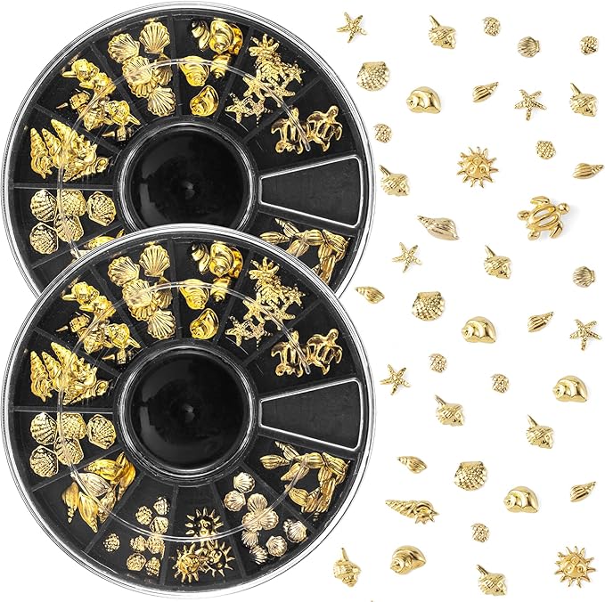 2 Disc Ocean Nail Art Charms, 3D Metal Nails Stickers, Beach Starfish Seashell Decals Manicure DIY Embellishments for Women- Gold