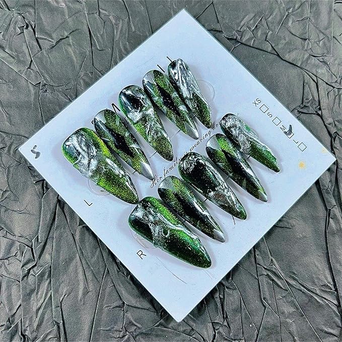 Press on Nails Handmade Nails 10Pcs Dark Gothic Style Manual Press on Nails Green Eyes Fake Nails for Women Party Holiday Photo Size S