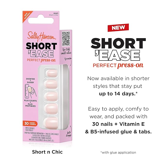 Sally Hansen Salon Effects Perfect Press-On Short'Ease Nails | Squoval Shape | Easy to Apply, Non-Damaging, Natural Look Vitamin E & B5 | 30 Nails, Nail Glue, Adhesive Tabs, File| Short N' Chic