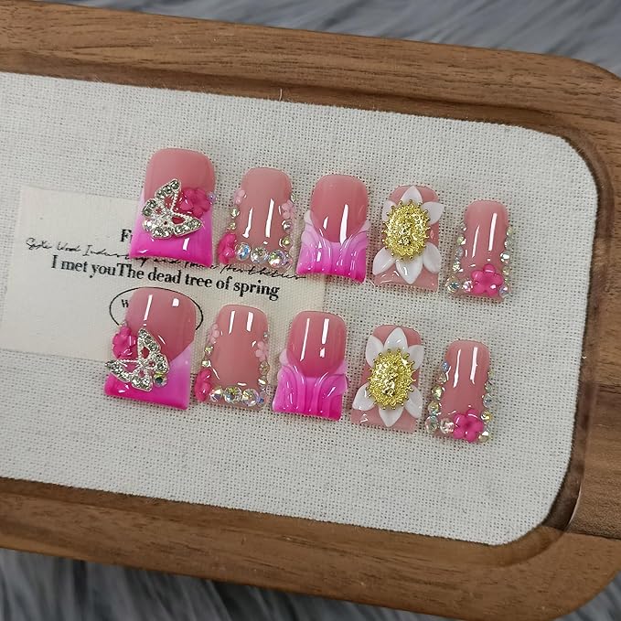 Duckbill Press on Nails,Glossy Pink French Tip Fake Nails with 3D Butterfly & Rhinestone Design,10PCS Glitter False Nails for Everyday Wear Party Vacation Work,Duck Shape Glue on Nails(S)