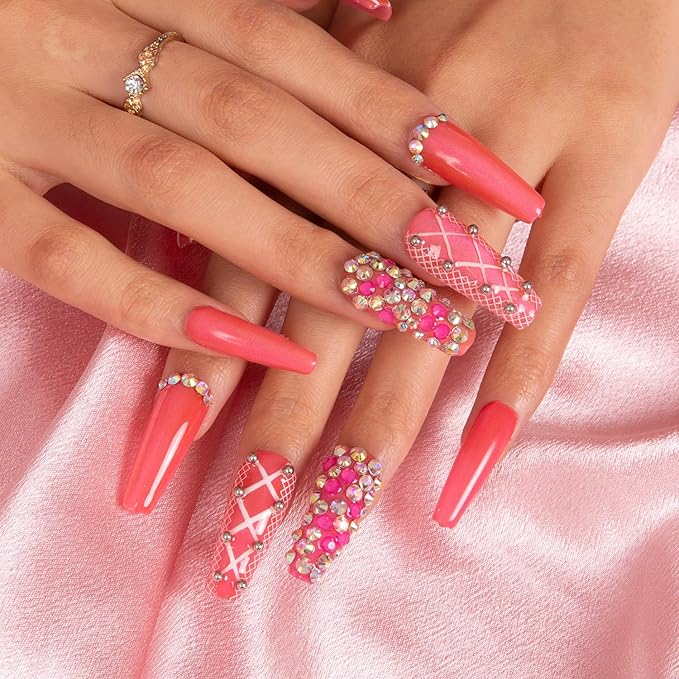 LOVFUL Press on Nails Rose Whispers | Handmade with Full Covered Crystals | Reusable Fake Nails | Coffin Classic Regular 1.3 in | H158-L
