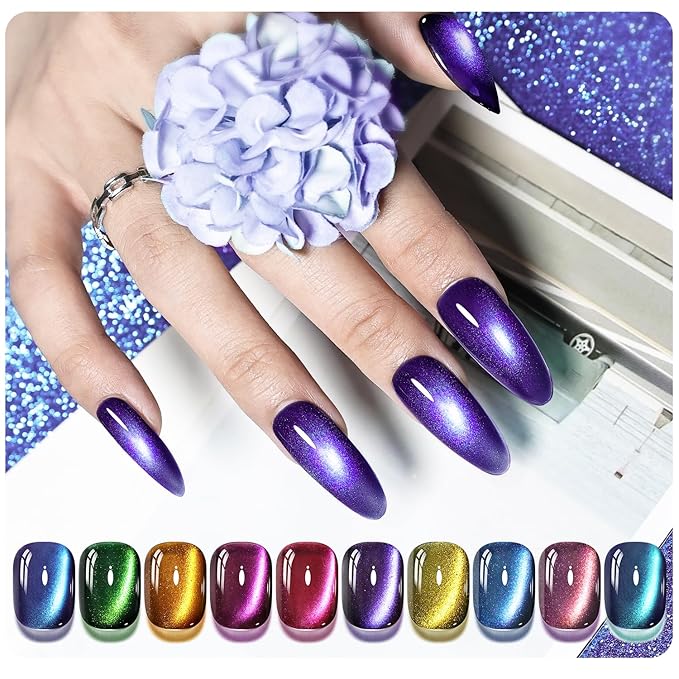 JODSONE Cat Eye Gel Nail Polish 10 Colors Blue Green Red with Base Coat Top Coat Magnet Stick Glazed Amber Cat Eye Gel for Home DIY