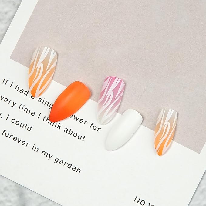 Abstract Marble Press-On Nails (Orange/Pink/White), Matte-Gloss Almond Shape, Reusable Fake Nails Set
