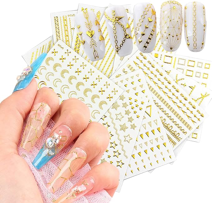 Gold Nail Art Stickers, Metallic Chains Line Triangle Heart Circle Letters Stars Square Nail Self-Adhesive Sticker Designs, Gold Nail Transfer Decals Supplies for Women Girls Manicure Decorations