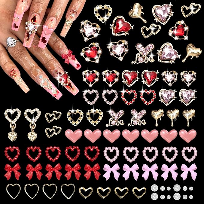 220 Pcs Gold Bow Heart and Acrylic Nail Art Charms, Love Nail Rhinestone and Gems, Pink Red Hearts Bowknot Junk Case Charms for Y2K Nail Art Manicure Design