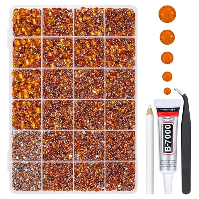 Orange Red Crystal Resin Rhinestones w B7000 Glue for Bedazzling Crafting 2mm-6mm Flatback Stones Diamonds Crystals Gems Bedazzler Kit for Nails Face Eyes Makeup Tumblers Bottles DIY Crafts
