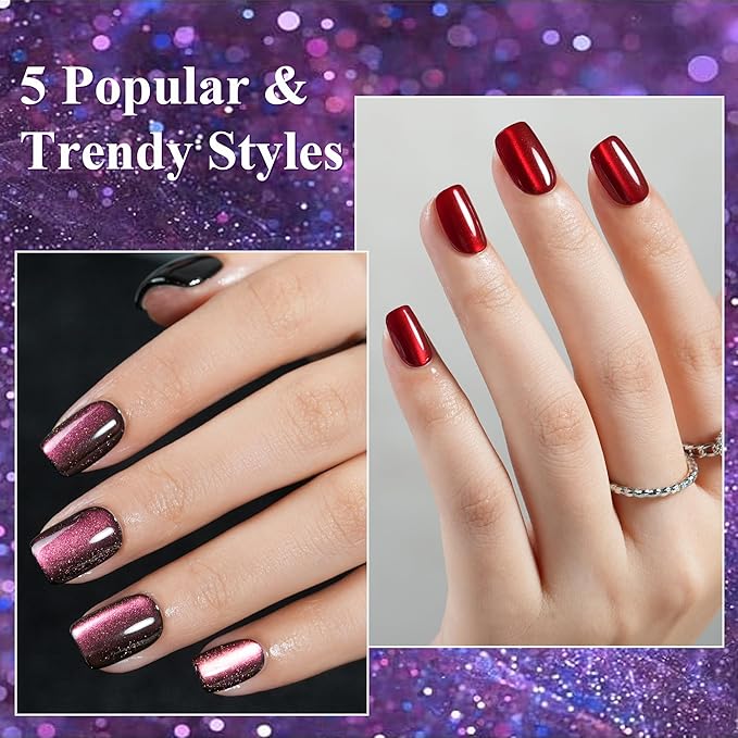 Cat Eye Press on Nails Short 5 Styles, Jofay Fashion 160Pcs Salon-Like Fake Nails with Glitter Chasing Light Cat Eye Designs, Valentines Artificial Acrylic Nails Glue on Nails Stick on Nails for Women