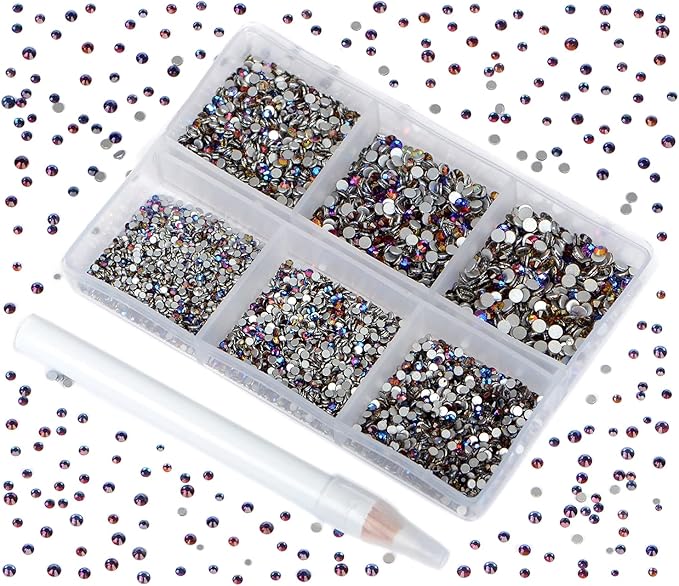 Bymitel 7200 Pieces 6 Mixed Sizes Glue Fix on Glass Rhinestones Round Crystal Gems Flatback for DIY Jewelry Making with one Picking Pen(6-Sizes 7200PCS, Blue Volcanic)