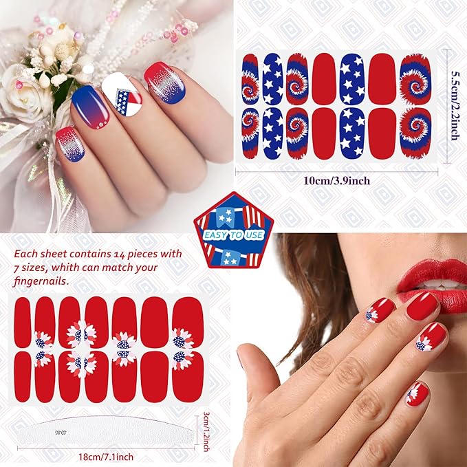 JERCLITY 224 Pieces 16 Sheets 4th of July Nail Wraps for Women Independence Day Polish Strips Patriotic American Flag Self-Adhesive Stickers With File for Memorial Day