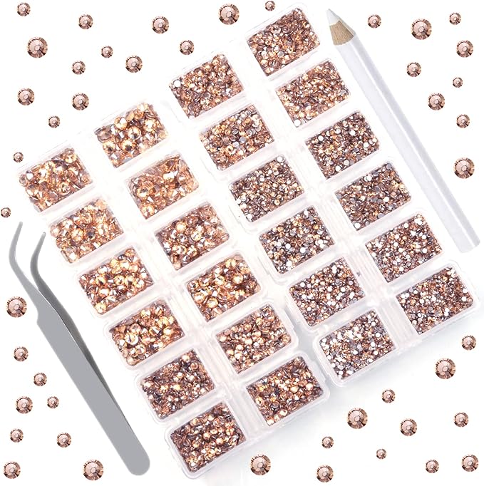 10000 Pieces Rhinestones 6 Sizes Round Crystal Glass Flat Back Rhinestones with 1Tweezers and 1Picking Pen for Nail Art Crafts Clothes Bags DIY (Gold Champagne)