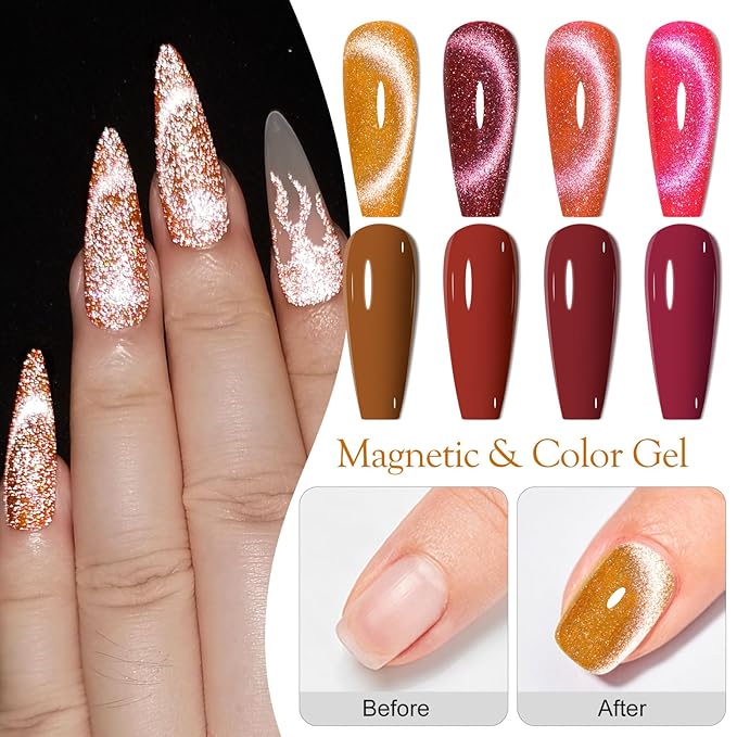 MEET ACROSS 8pcs Gel Nail Polish Set, Soak off UV LED Lamp Gel Nail Polish Cat Eye Set Home Gel Manicure Kit 7ml (Cat Eye + color Gel-2)