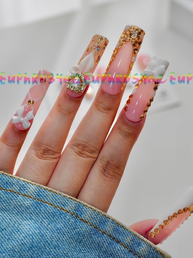 10PCS Nude Pink Press On Nails – Long Coffin Fake Nails with Rhinestone Borders, 3D Flowers & Bow Charms, Glossy Reusable Luxury Bridal Nails for Women and Girls – Euphrosyne