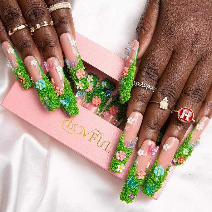 LOVFUL Press on Nails Fairy Tale Garden| Handmade with Full Covered Crystals | Reusable Fake Nails | Square Long 2.2 in | H151-M