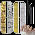 Nail Charms Jewels Manicure Kit with Magnetic Pen Pickup Pencil and Tweezers, Gold Silver Mini Metal Caviar Nails Beads and Flatback Half Round Beads Nail Gems for Nail Art Decor