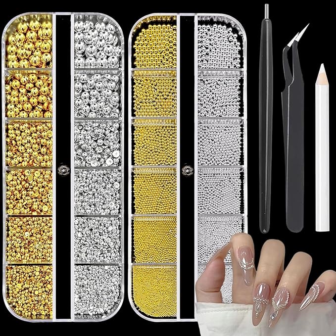 Nail Charms Jewels Manicure Kit with Magnetic Pen Pickup Pencil and Tweezers, Gold Silver Mini Metal Caviar Nails Beads and Flatback Half Round Beads Nail Gems for Nail Art Decor