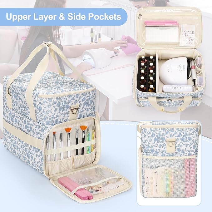 Relavel Nail Polish Organizer, Nail Bag Holds 80 to 100+ Bottles (15ml/0.5fl.oz) Nail Lamp, Nail Supplies Kit Gels Polish Storage Case with 2 Removable Pouches for Manicure Nail Tech Gifts (Floral)